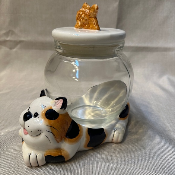 Vintage Calico Cat w/ Goldfish Bowl Lid Cookie Treat Jar - Picture 3 of 12